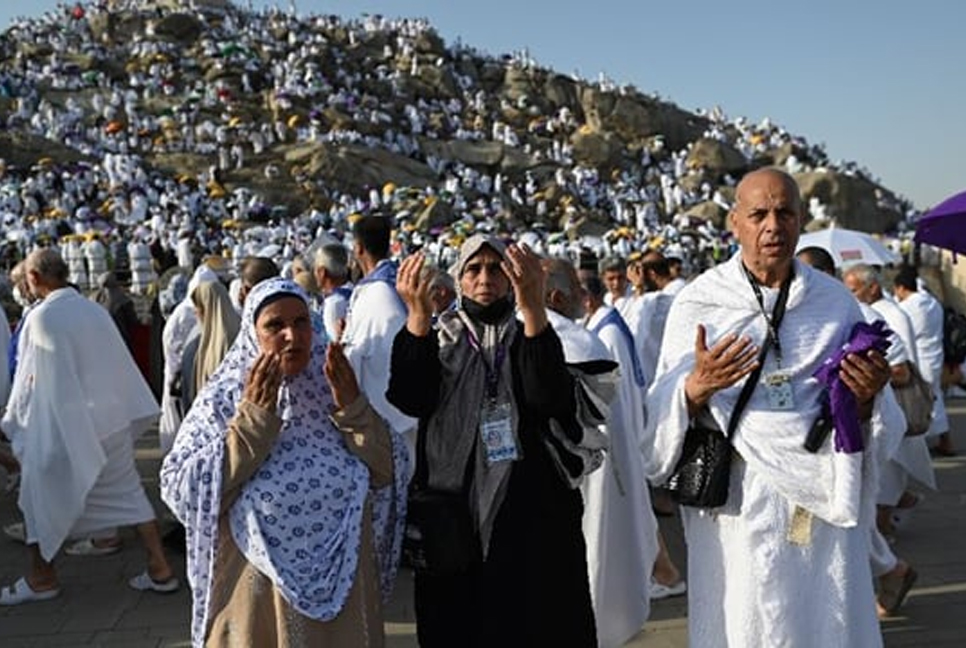 Muslim pilgrims pray on Mount Arafat in hajj climax