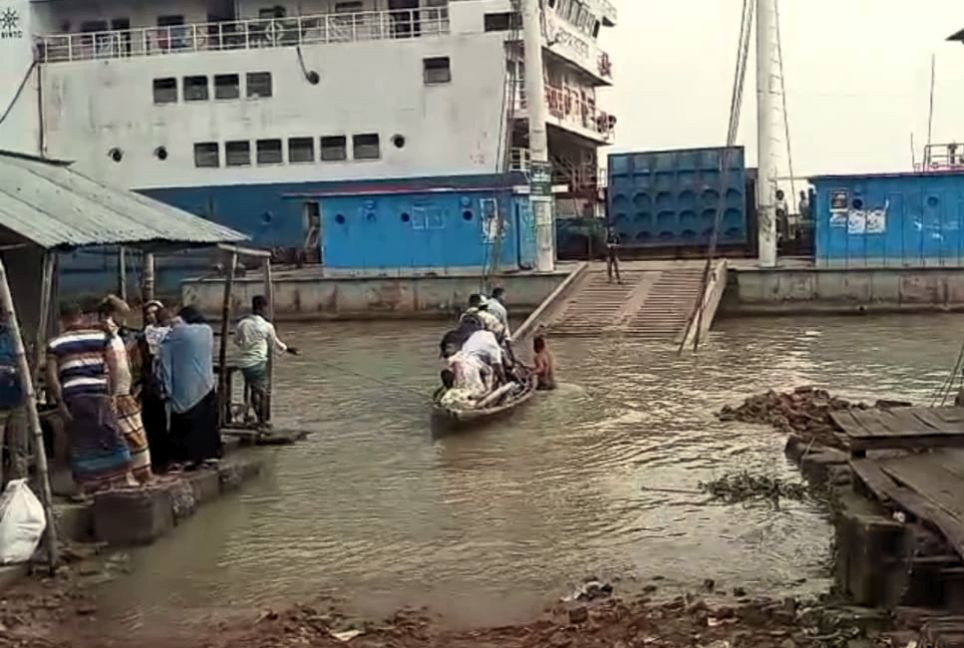 Ilisha ferry ghat submerged as Meghna River swells in