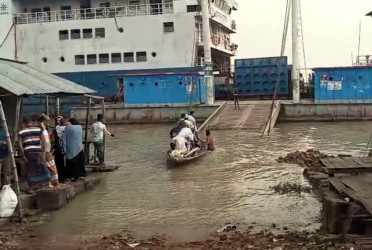 Ilisha ferry ghat submerged as Meghna River swells in