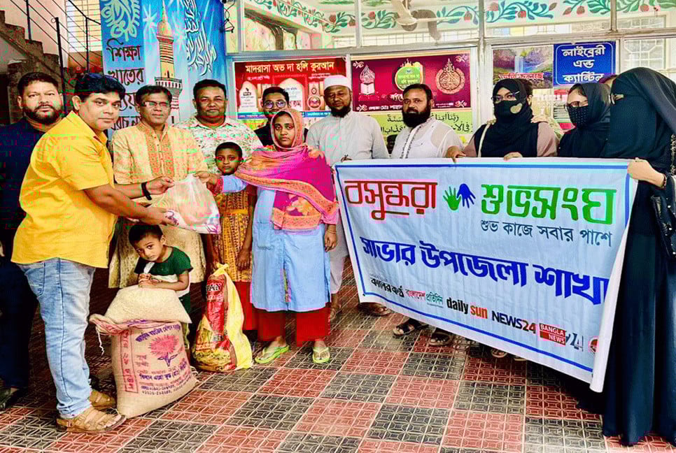Shuvosangho stands beside helpless family in Savar